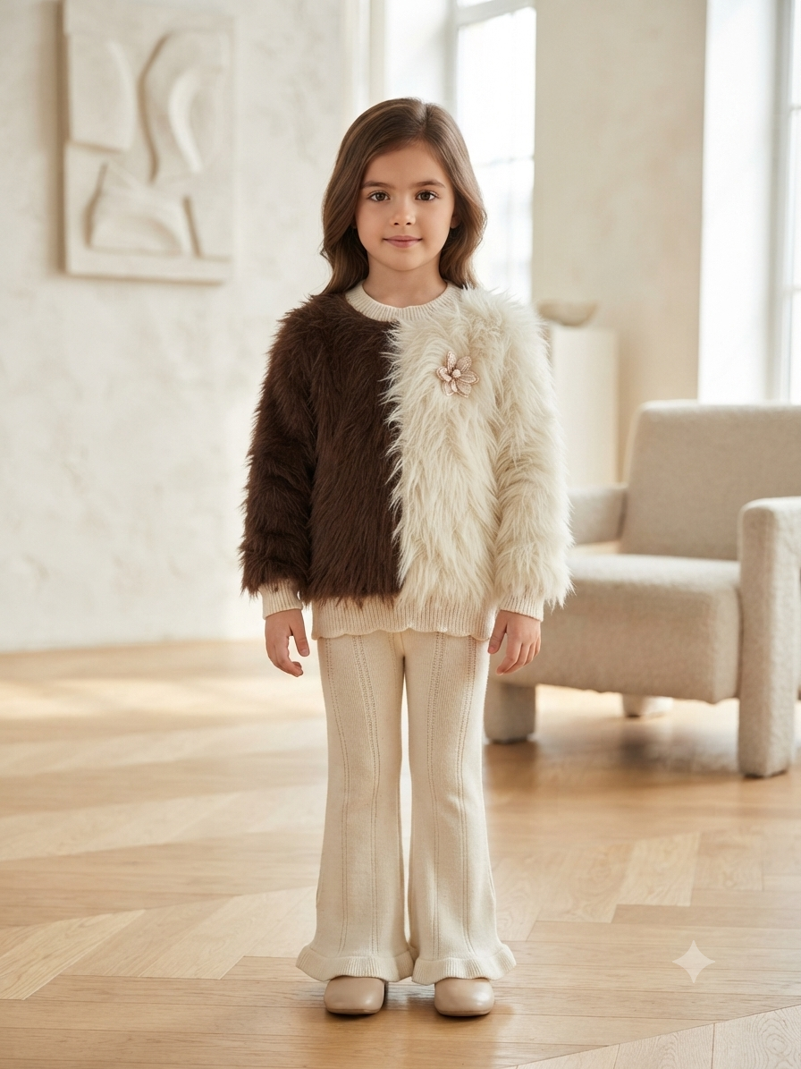Waseem Winter Two-Tone Brown & White Furry Elegance Suit