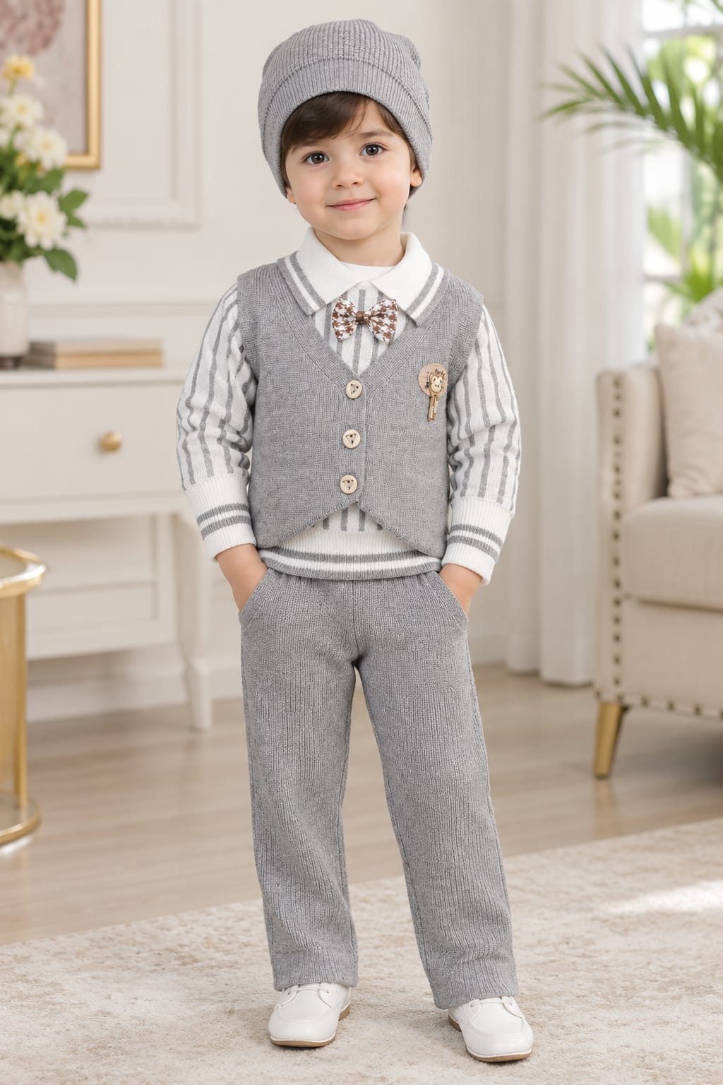 Kids Winter 3-Piece Knitted Outfit Set – Grey