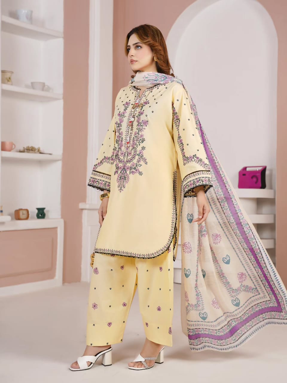 Pastel Yellow Embroidered 3-Piece Women's Suit