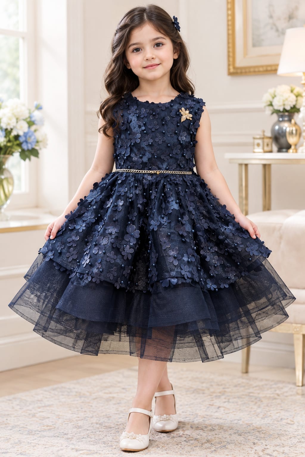 Girls Premium Floral Party Dress – Navy Blue