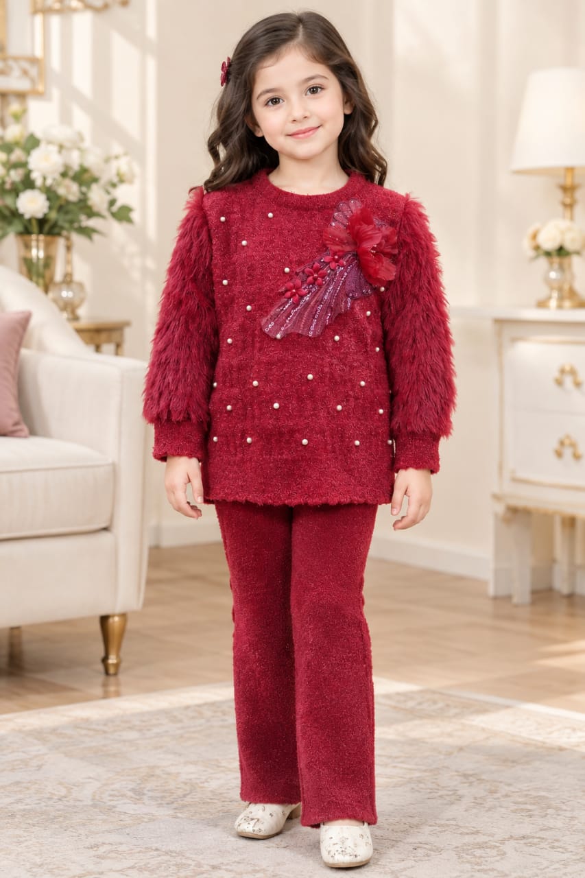 Waseem Winter Ruby Red Festive Velvet & Fur Suit