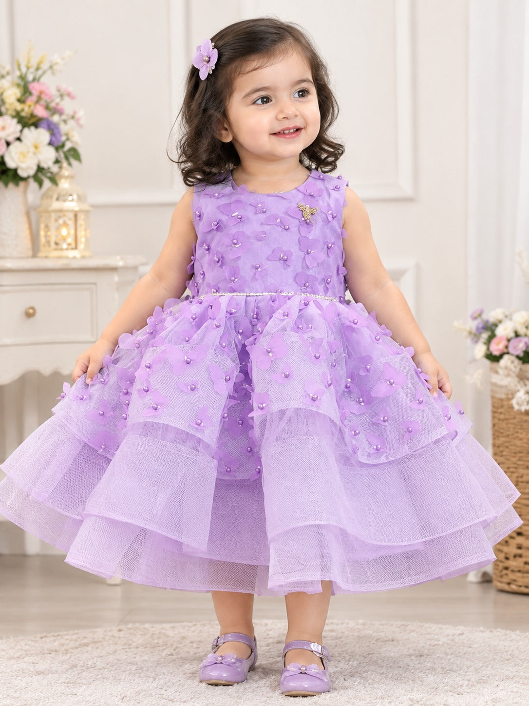 Lavender 3D Floral Party Dress for Girls – Elegant Layered Tulle Frock