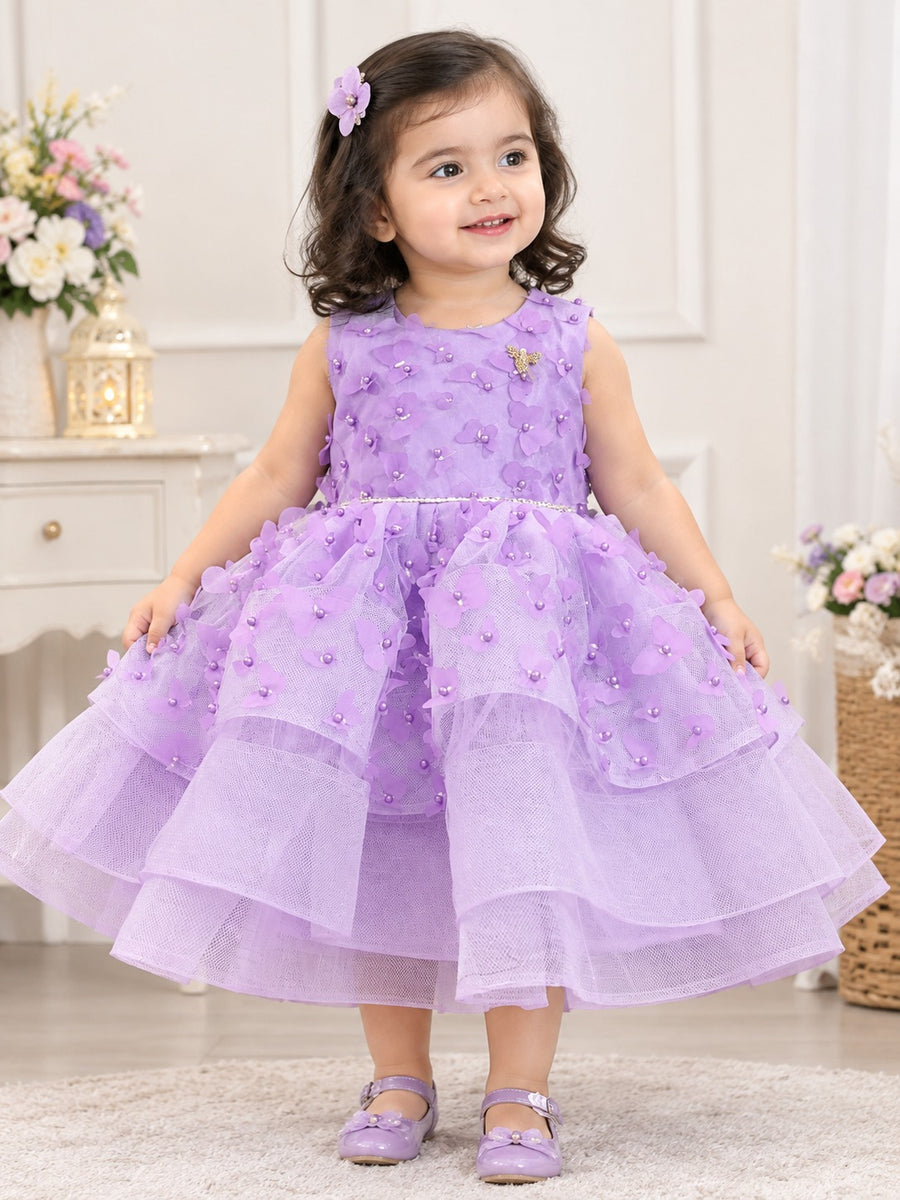 Lavender 3D Floral Party Dress for Girls – Elegant Layered Tulle Frock