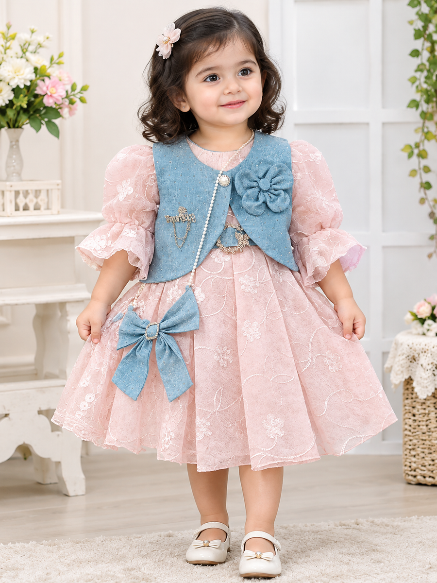 Elegant Pink & Blue Embroidered Party Dress for Girls
