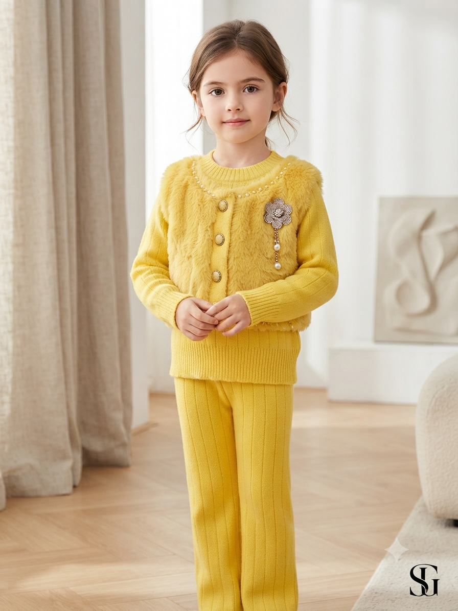 Waseem Winter Sunshine Yellow Pearl Button Cardigan Suit