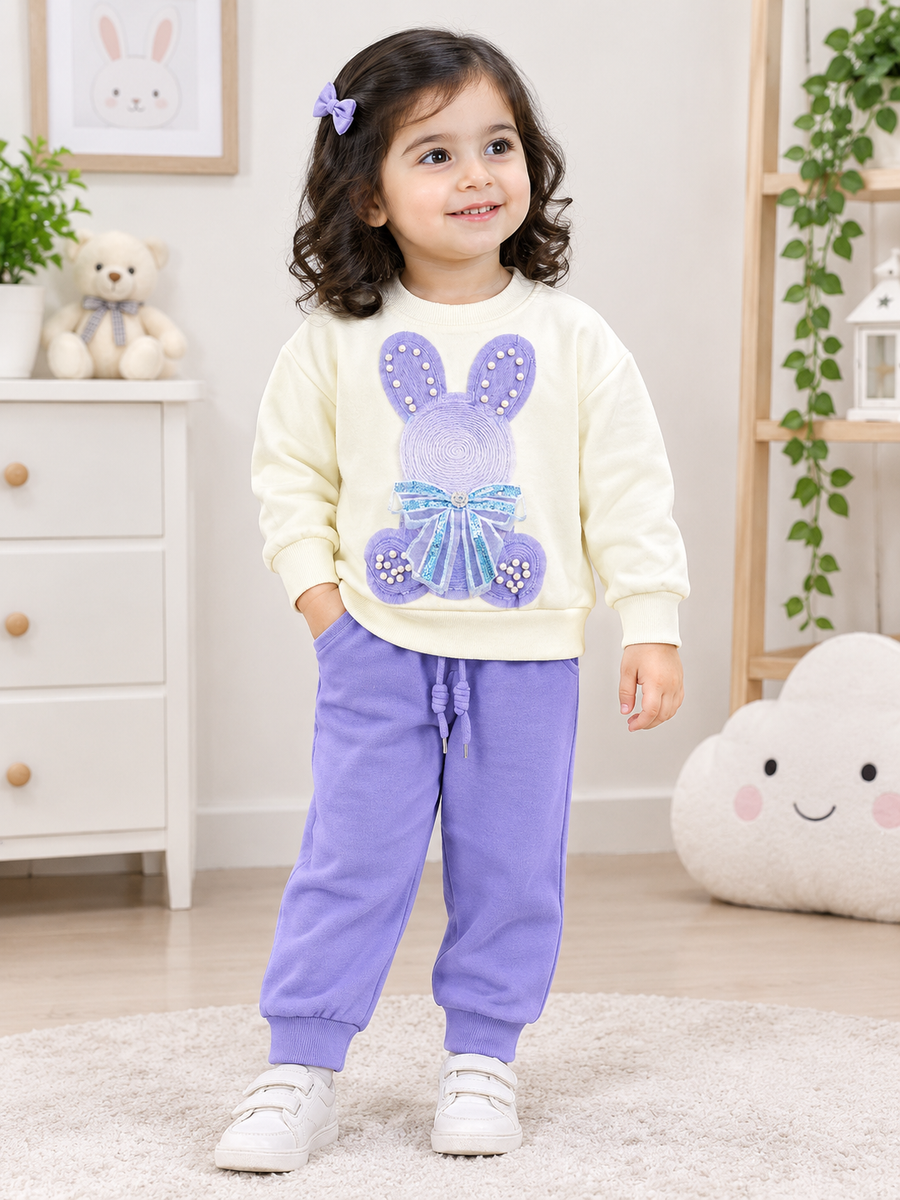 Ivory & Lavender Bunny Embroidered 2-Piece Set for Kids