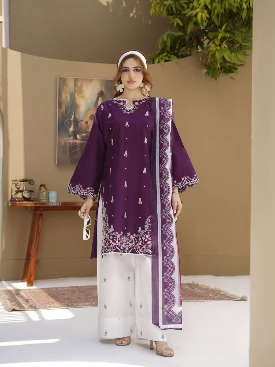 Deep Plum Embroidered 3-Piece Women's Suit