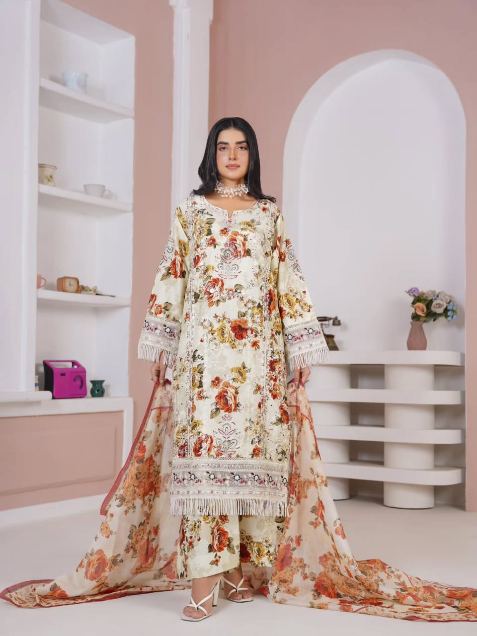 Floral Printed 3-Piece Women's Suit with Embroidered Details