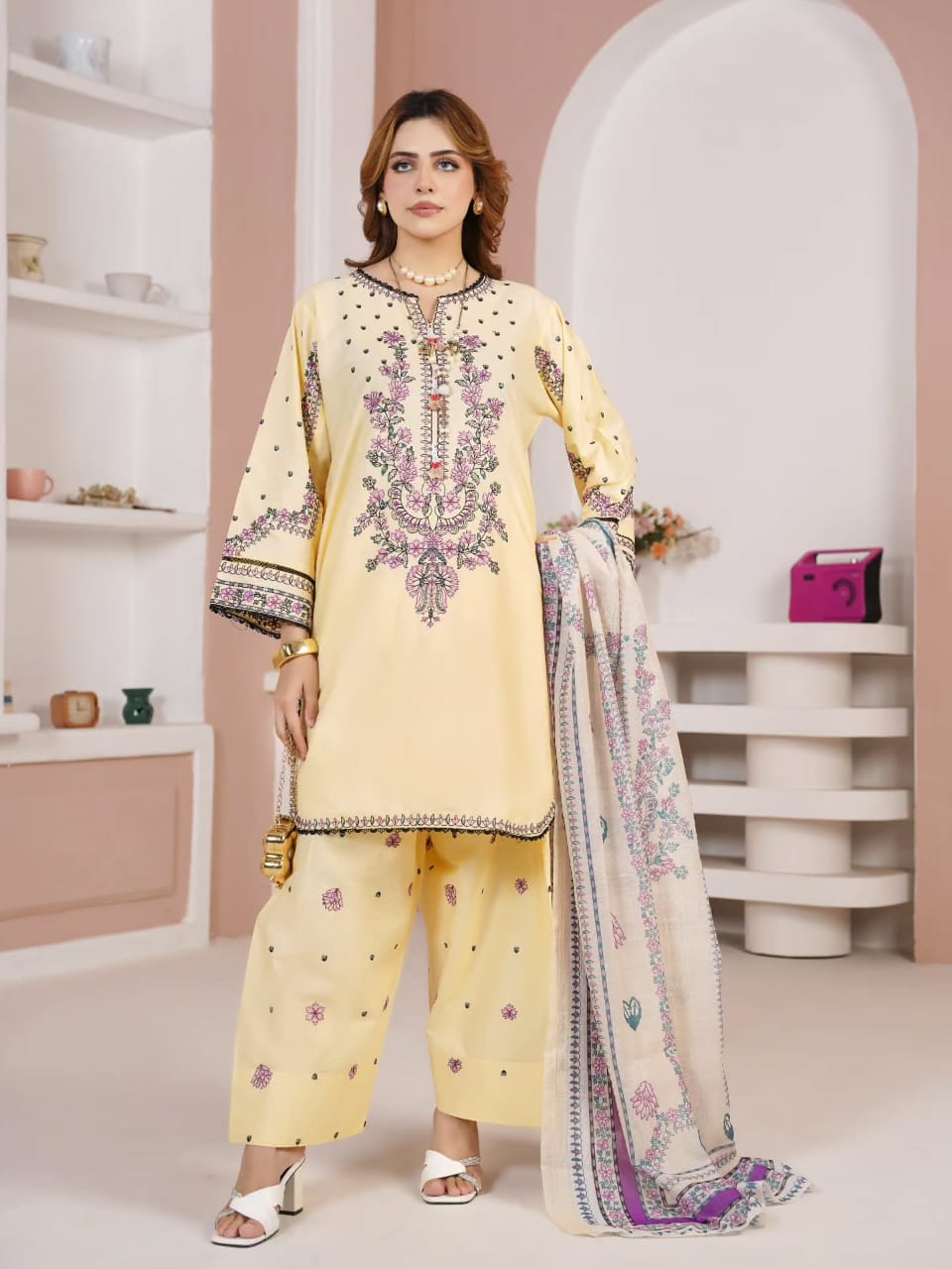Pastel Yellow Embroidered 3-Piece Women's Suit