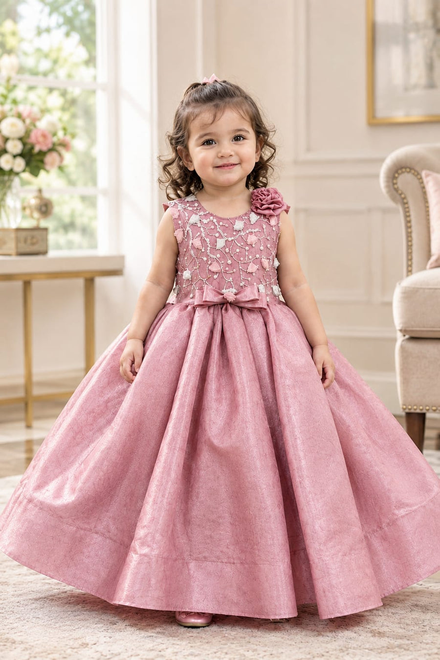 Girls’ Elegant Pink Party Wear Frock