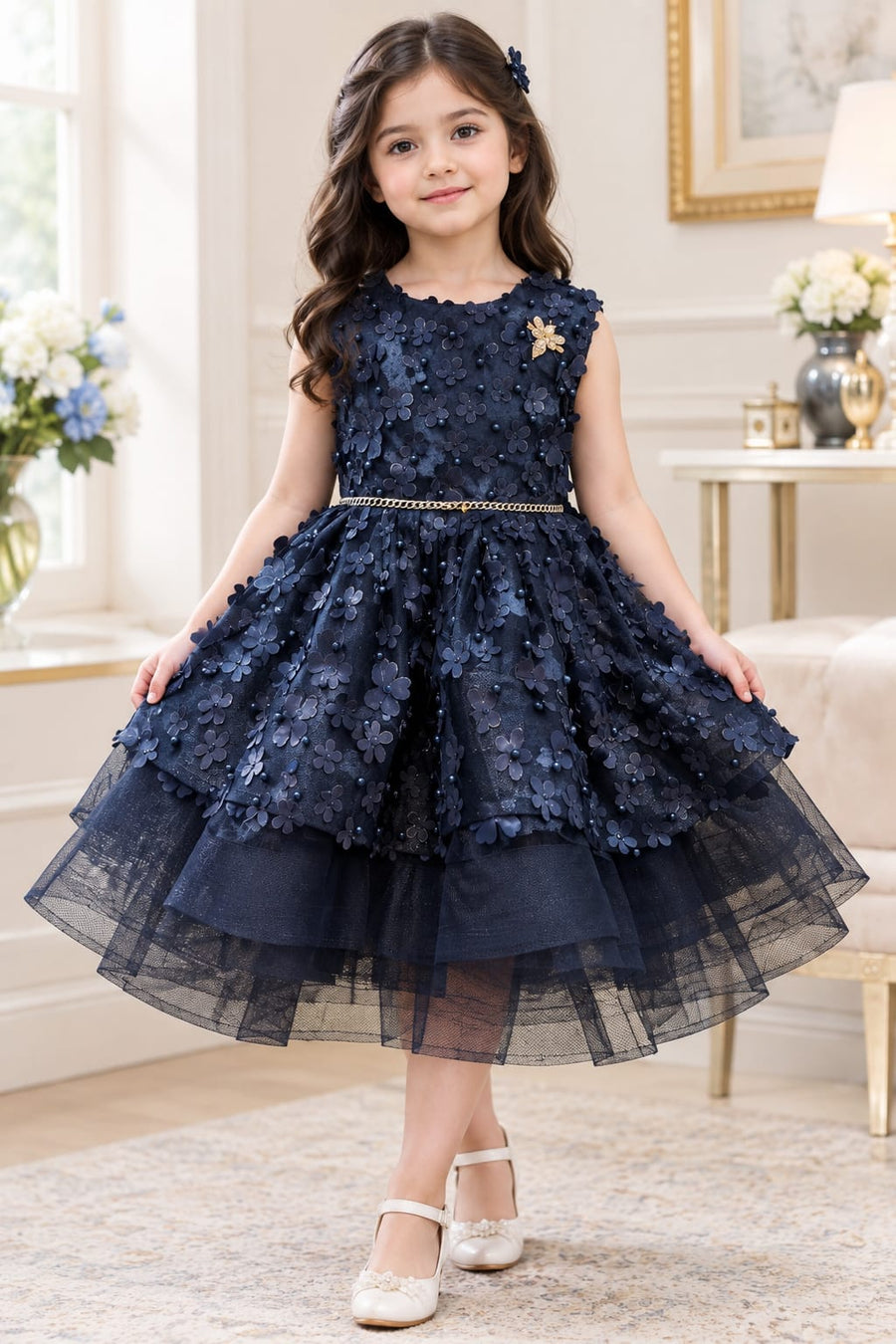 Girls Premium Floral Party Dress – Navy Blue