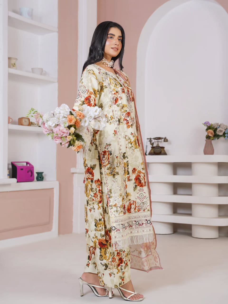 Floral Printed 3-Piece Women's Suit with Embroidered Details
