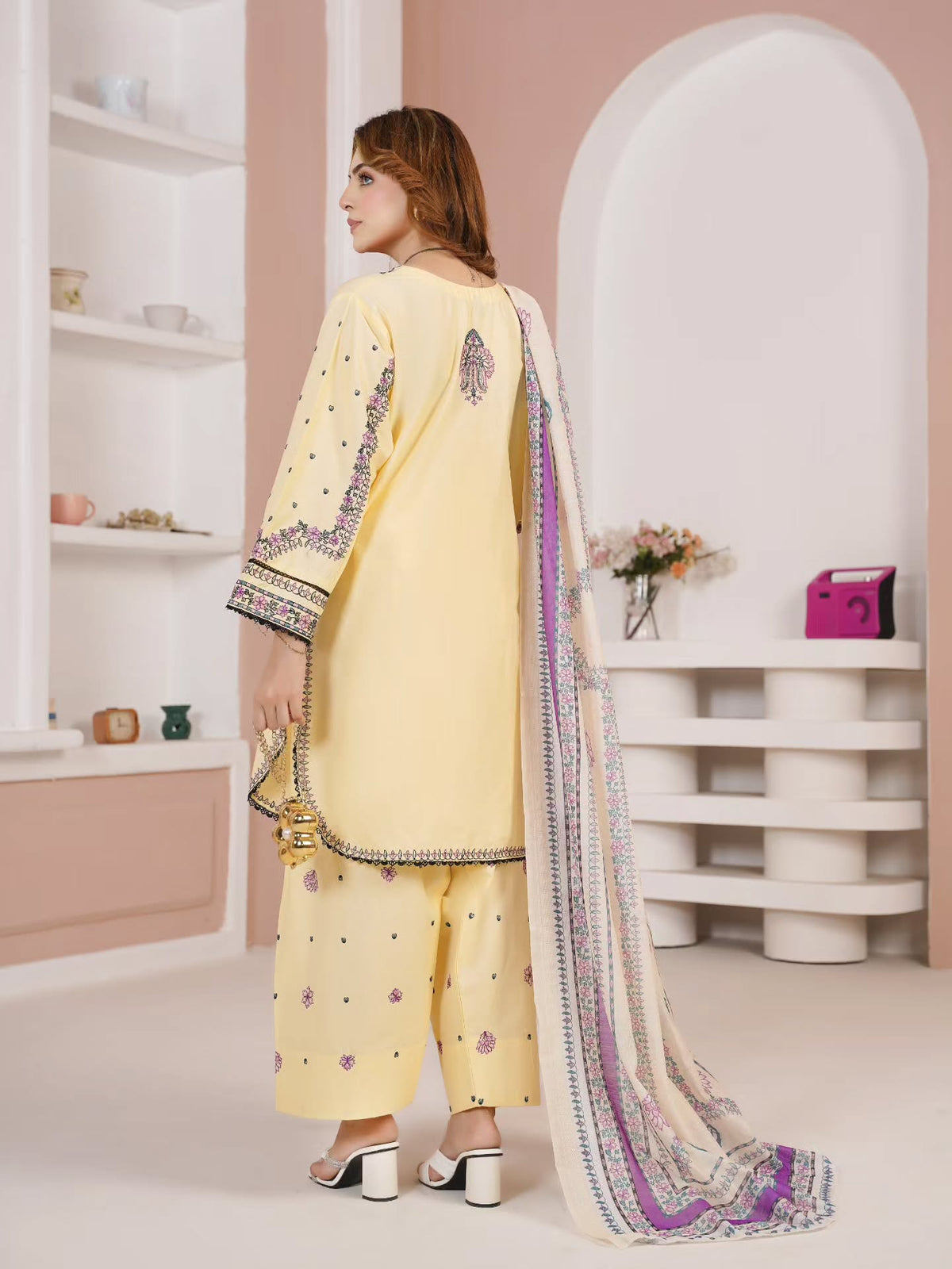 Pastel Yellow Embroidered 3-Piece Women's Suit