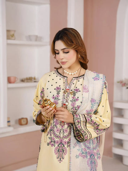 Pastel Yellow Embroidered 3-Piece Women's Suit