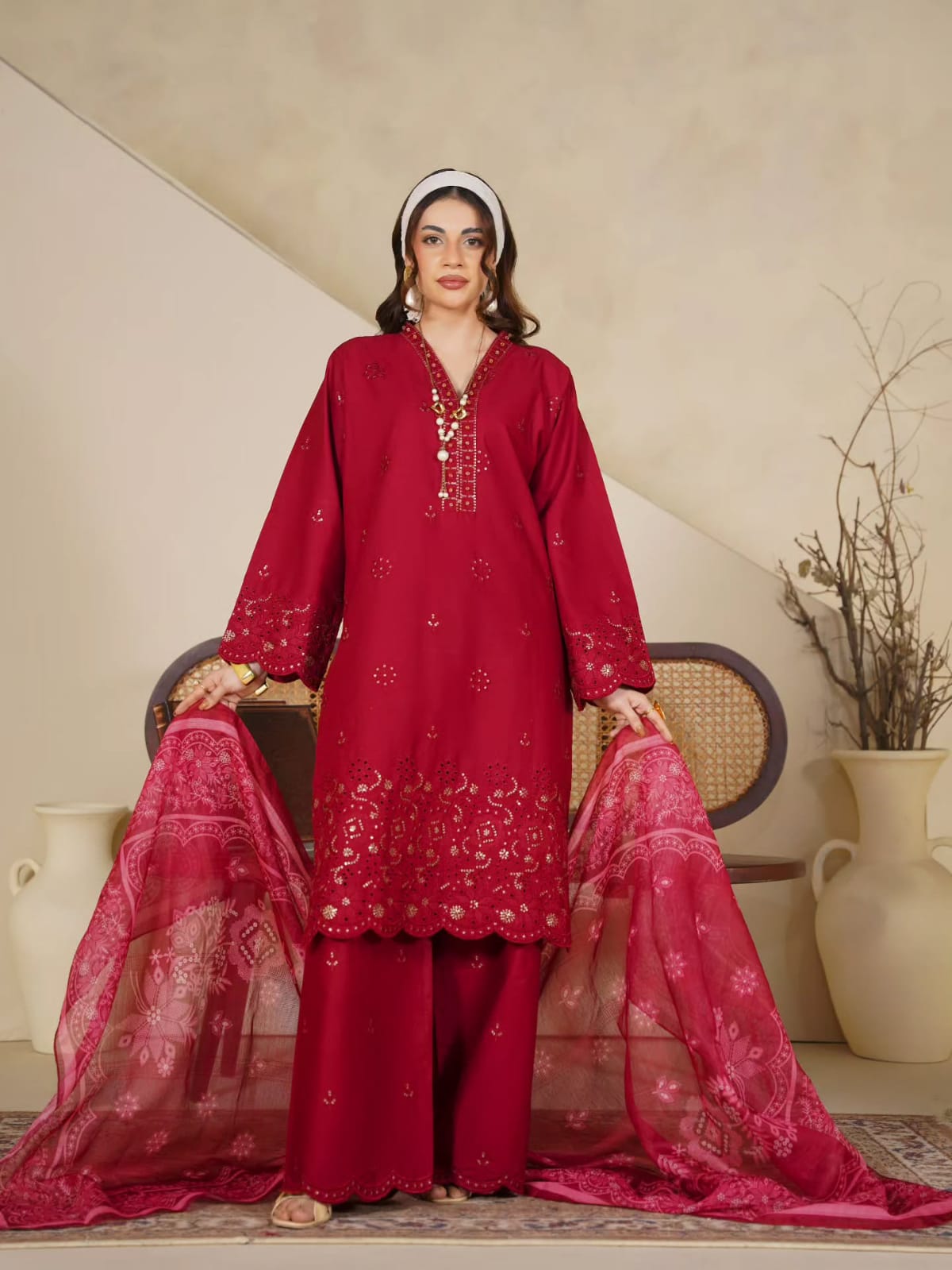 Royal Crimson-Red Festive Embroidered 3-Piece Suit