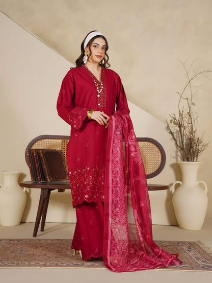 Royal Crimson-Red Festive Embroidered 3-Piece Suit