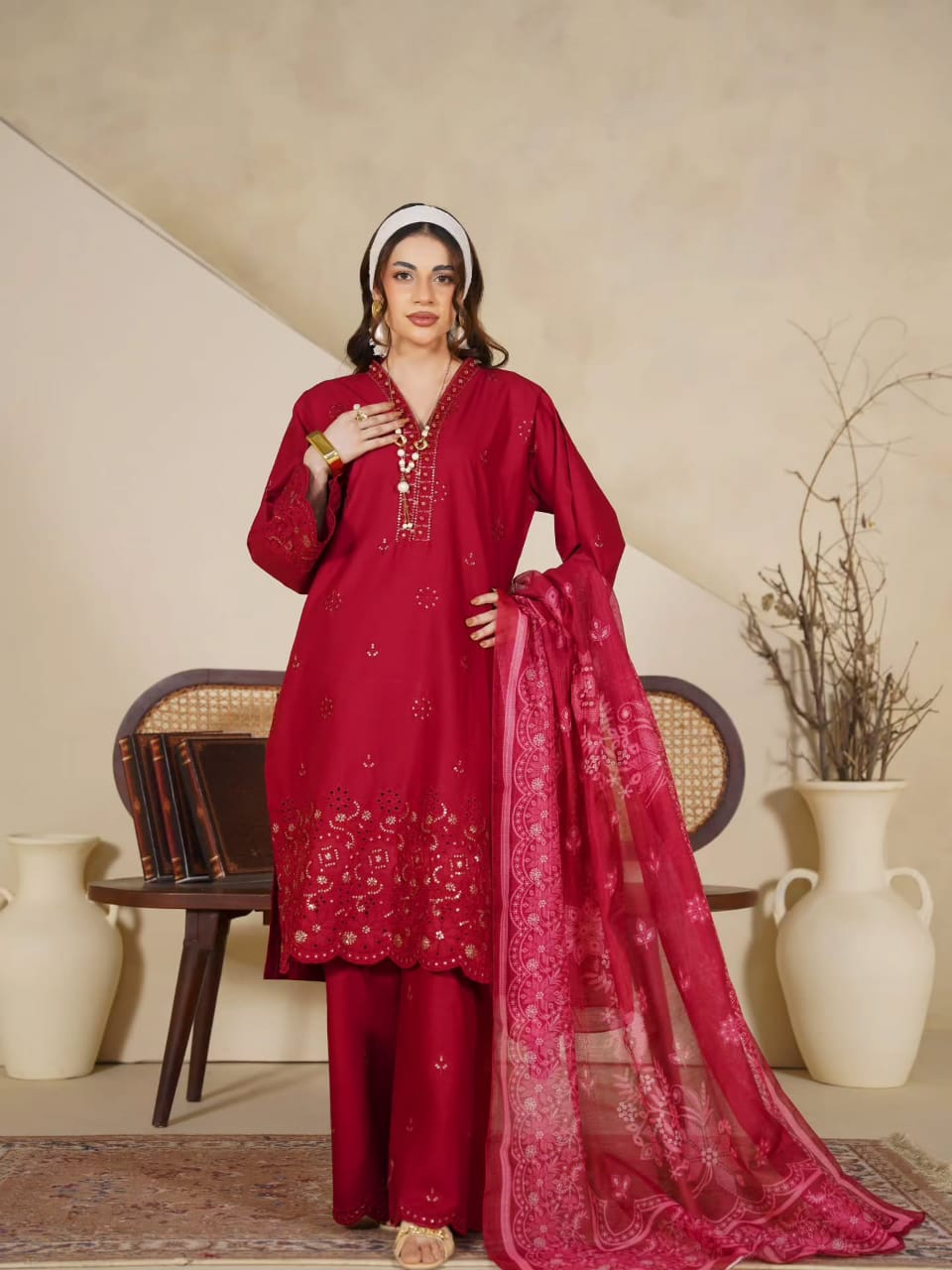 Royal Crimson-Red Festive Embroidered 3-Piece Suit