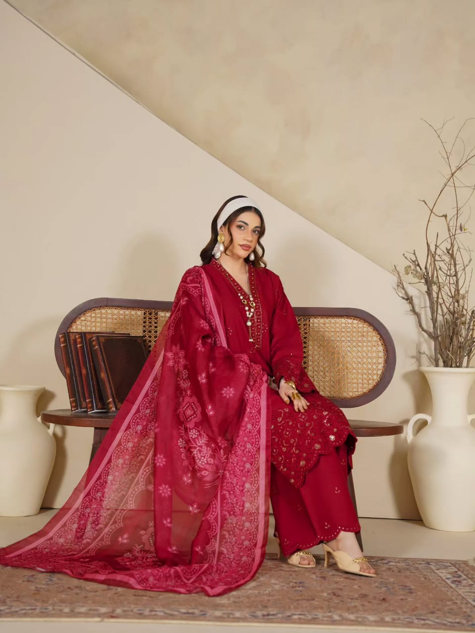 Royal Crimson-Red Festive Embroidered 3-Piece Suit