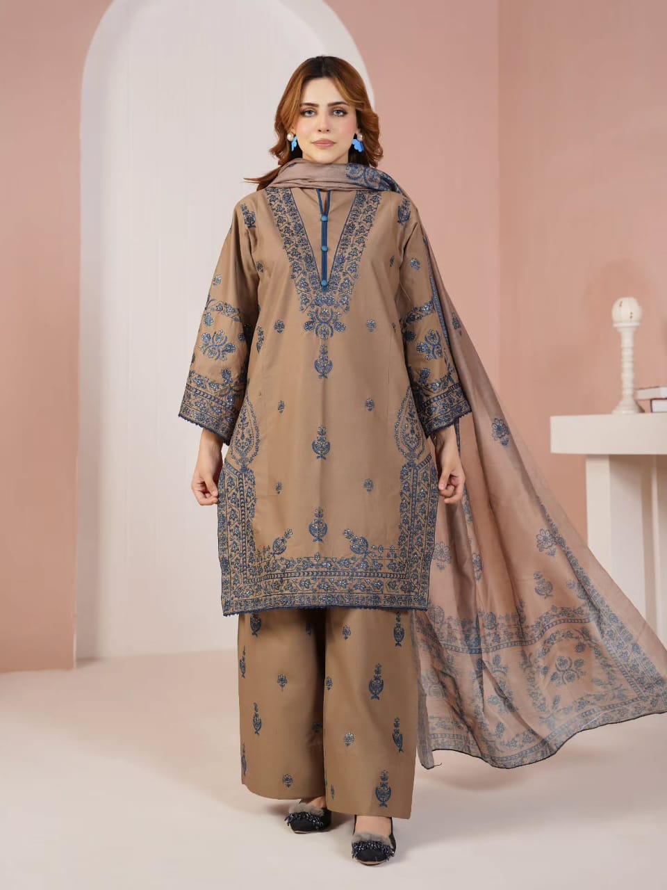 Vintage Floral Printed Ivory Suit with Fringe Accents