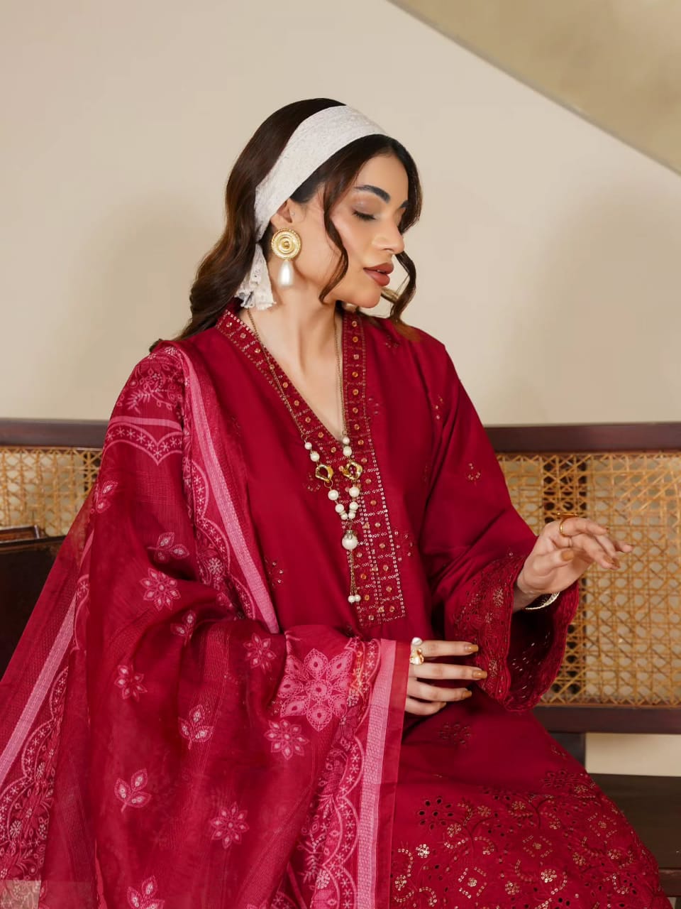 Royal Crimson-Red Festive Embroidered 3-Piece Suit