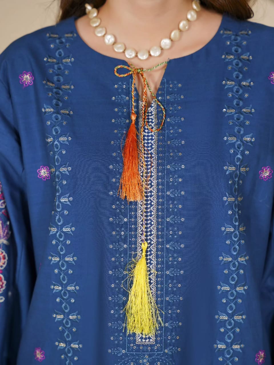 Vibrant Ocean Blue Embroidered Ethnic Suit with Tassels