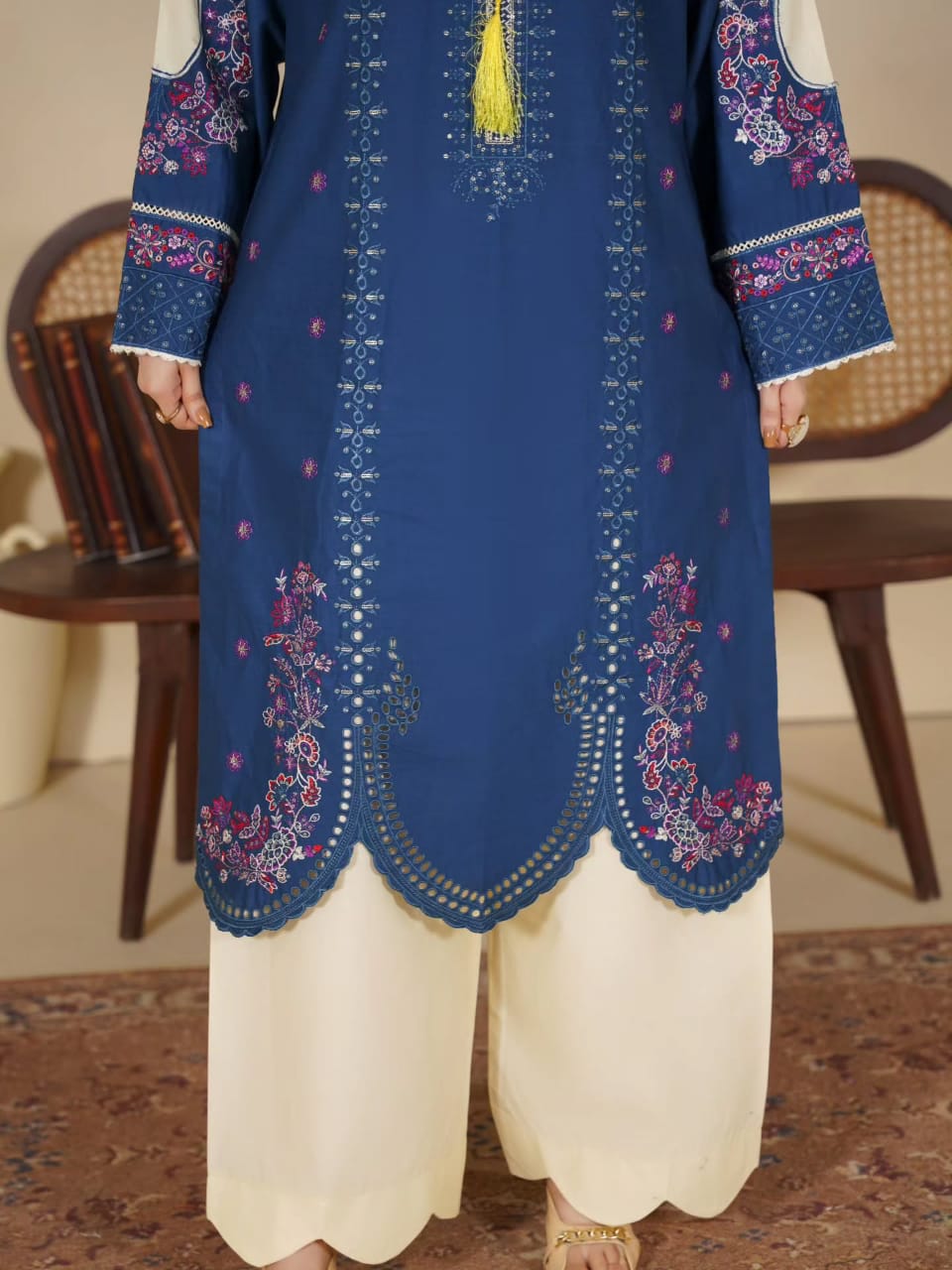 Vibrant Ocean Blue Embroidered Ethnic Suit with Tassels