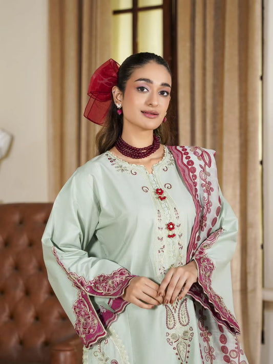 Mint Green Embroidered 3-Piece Suit for Women