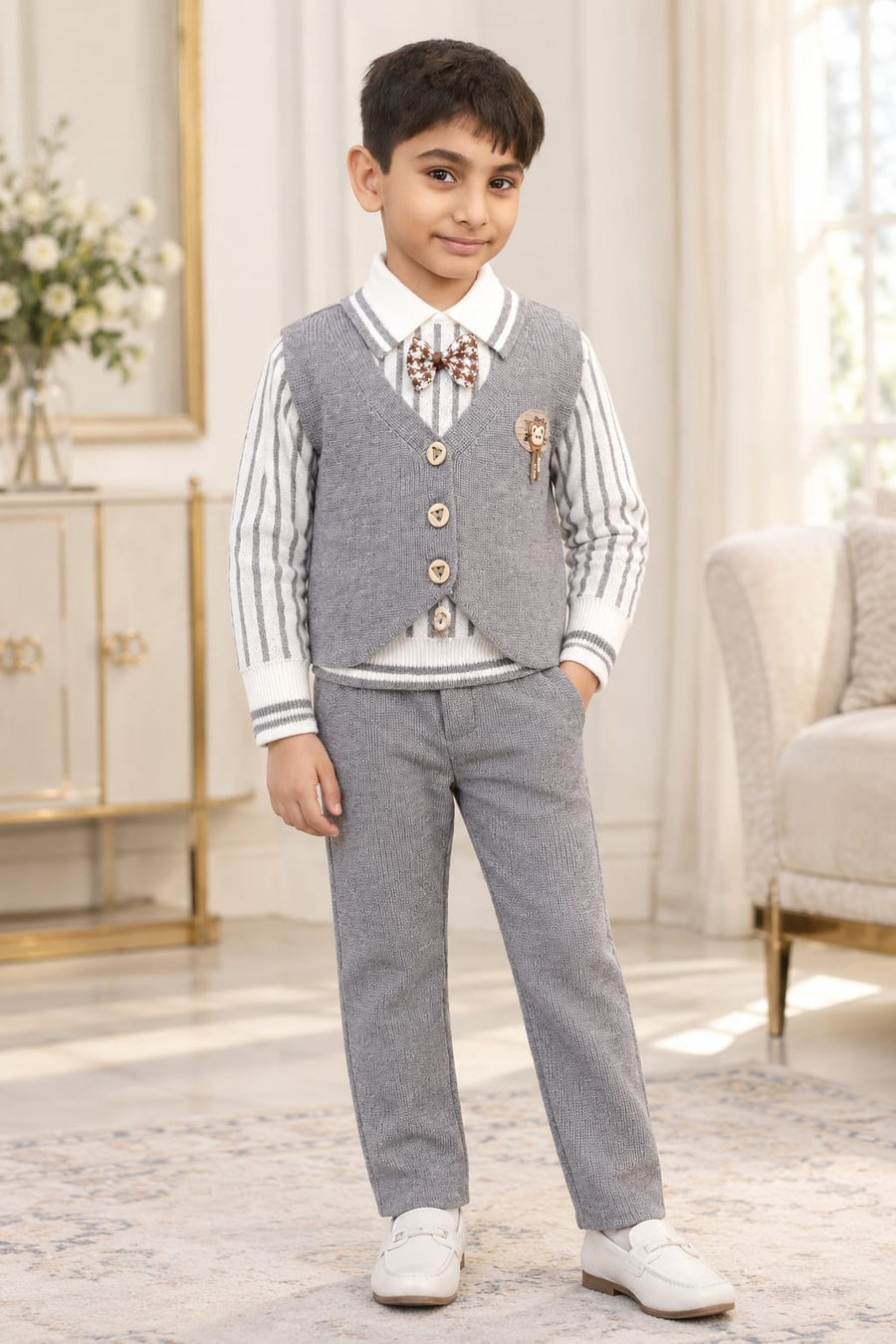 Kids Winter 3-Piece Knitted Outfit Set – Grey