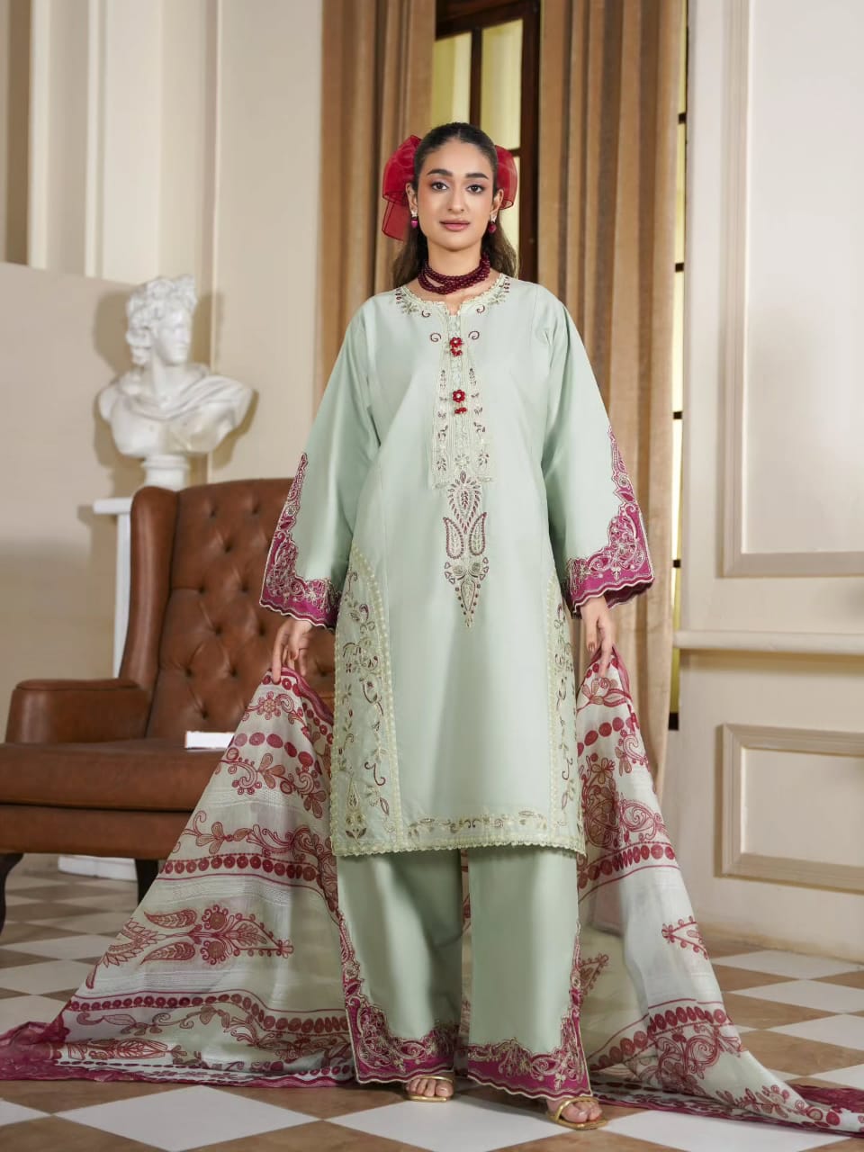 Mint Green Embroidered 3-Piece Suit for Women
