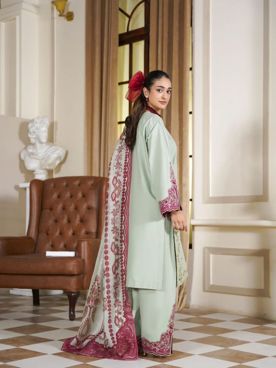 Mint Green Embroidered 3-Piece Suit for Women