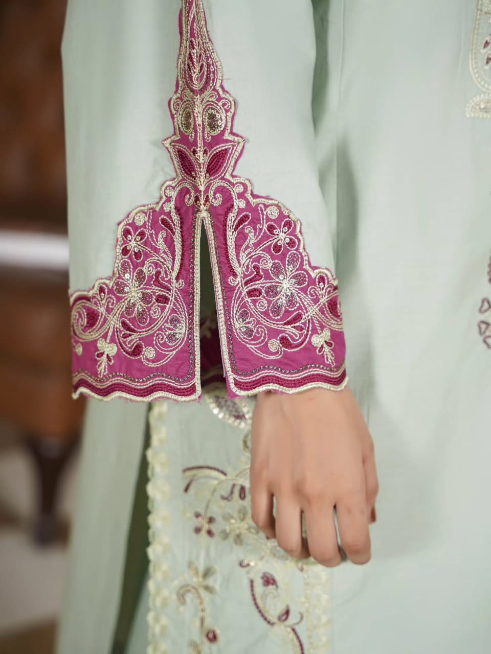 Mint Green Embroidered 3-Piece Suit for Women