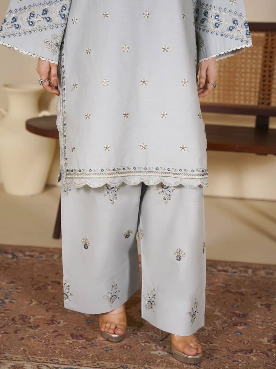Blue and white embroidered 3-piece winter suit detail view