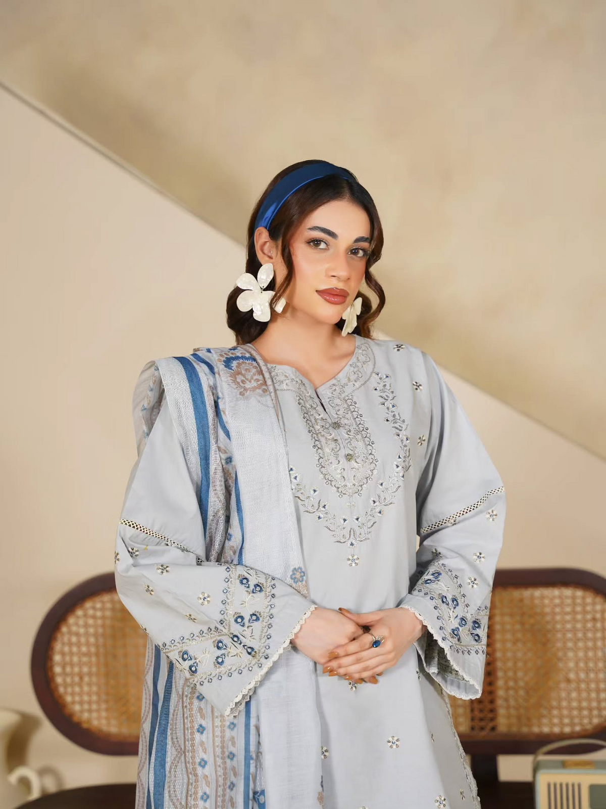 Blue and white embroidered 3-piece winter suit front view